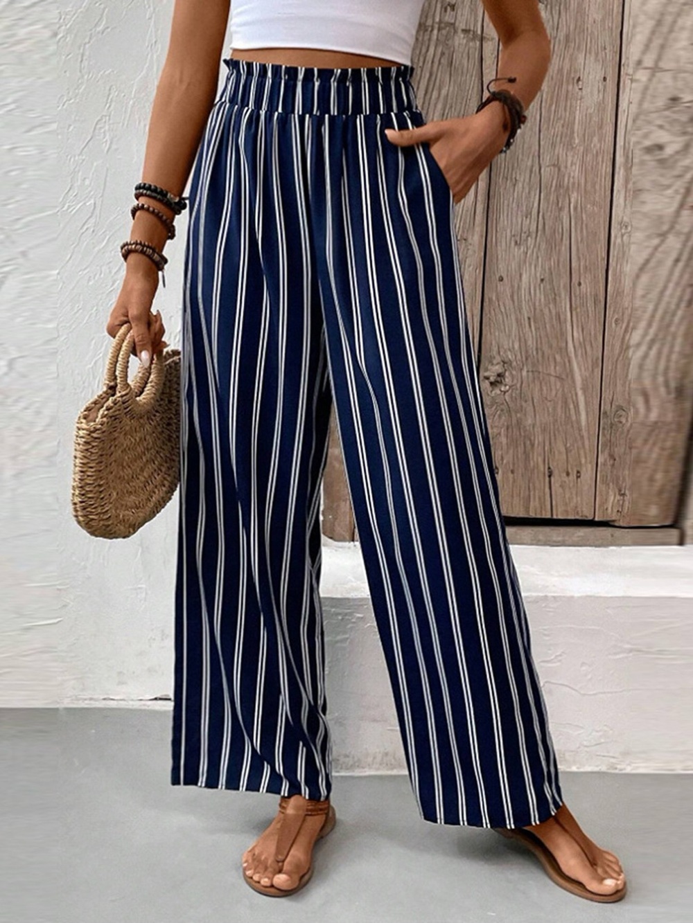 Striped Wide-Leg Pants with Elastic Waistband